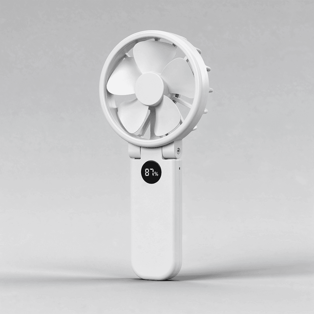 Three-quarter studio view of the white handheld fan showing the folding hinge and digital battery display