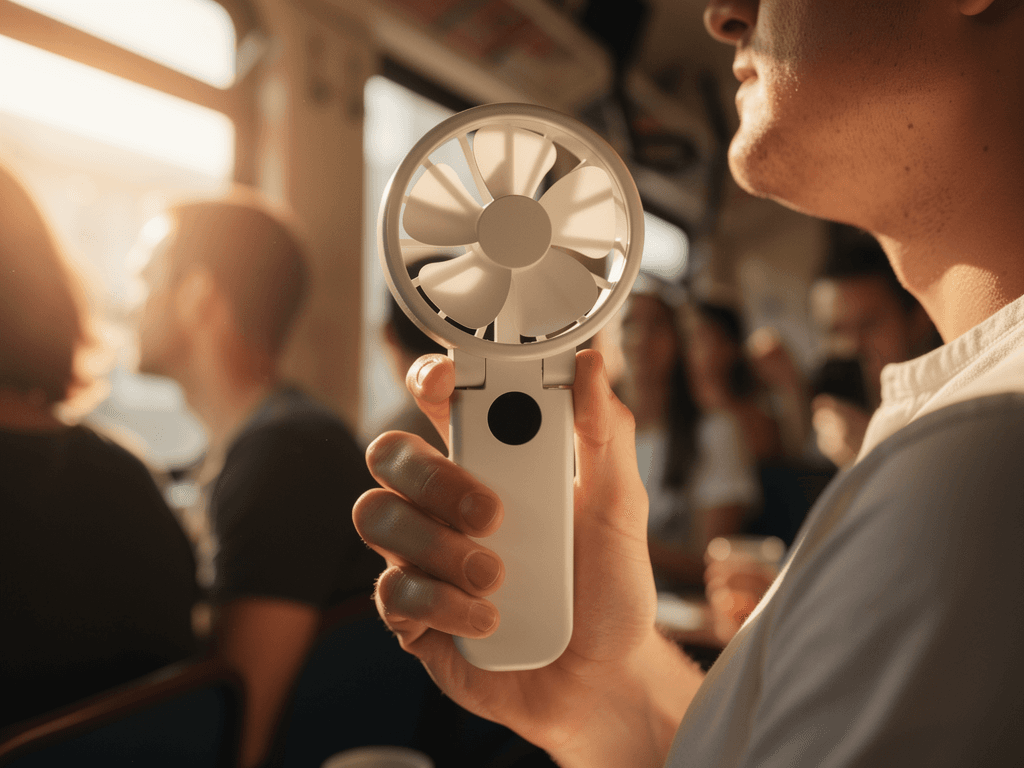 Commuter holding the white handheld fan while seated on a train