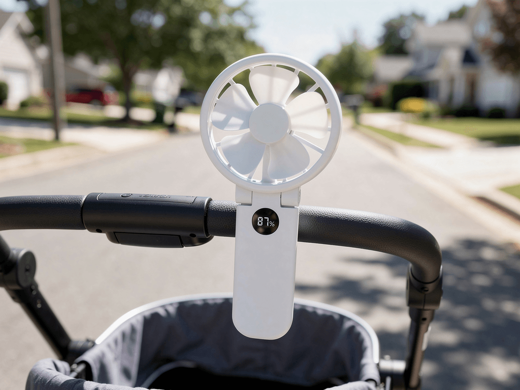 Parent pushing a pram with the handheld fan clipped to the side on a sunny day
